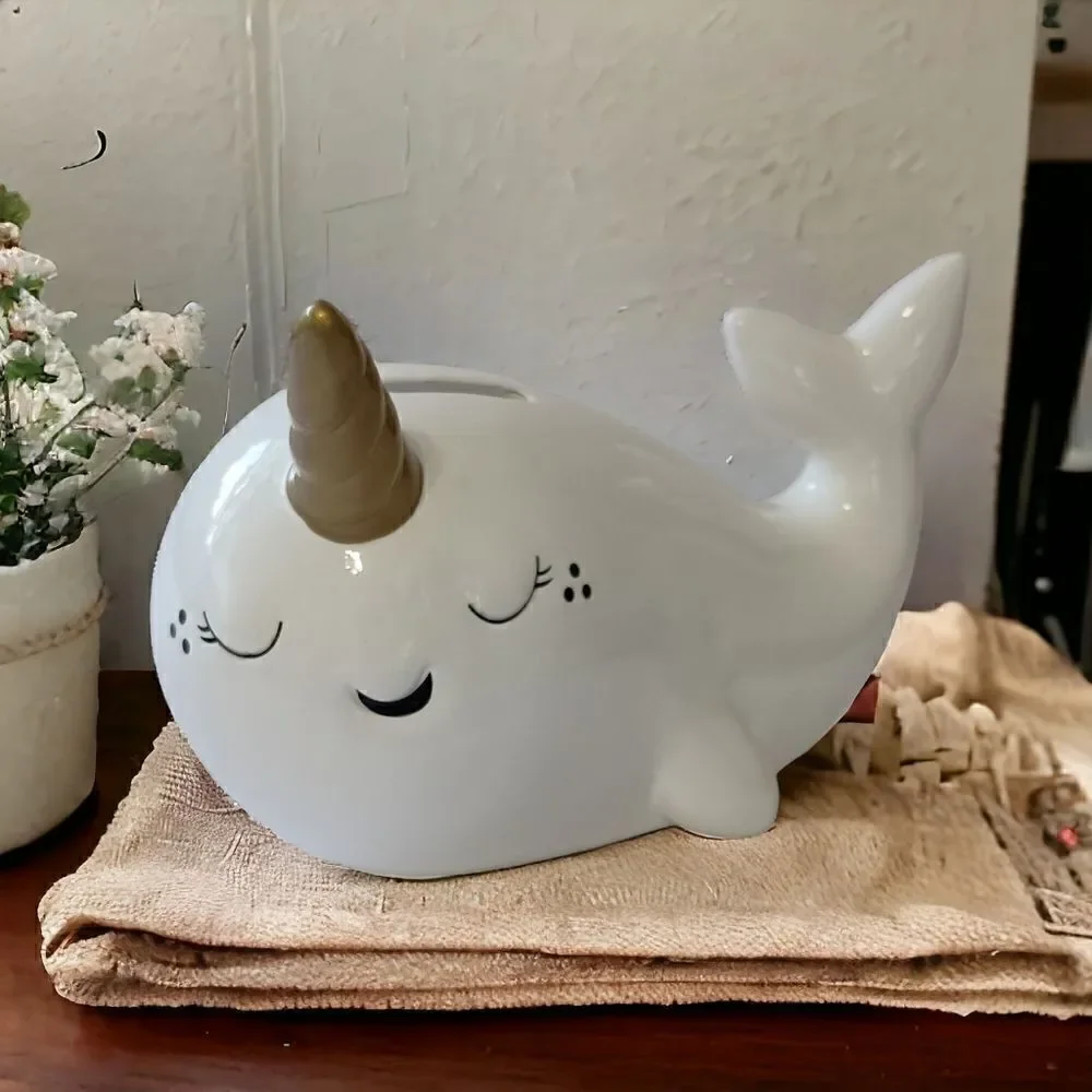 Target‎ Narwhal Bank Ceramic White Pillowfort Piggy Coin Figurine Coastal Beach.